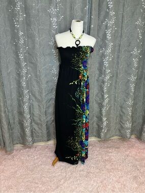 Planet Gold Black Strapless Maxi Dress with Vibrant Floral Side Panel